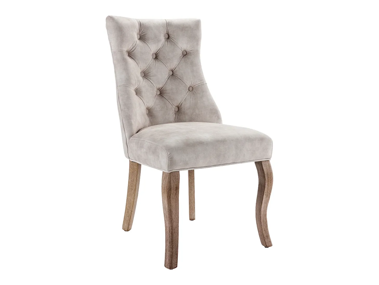 Conjunto de 6 sillas de terciopelo beige claro con patas de madera curvadas y botones decorativos.
