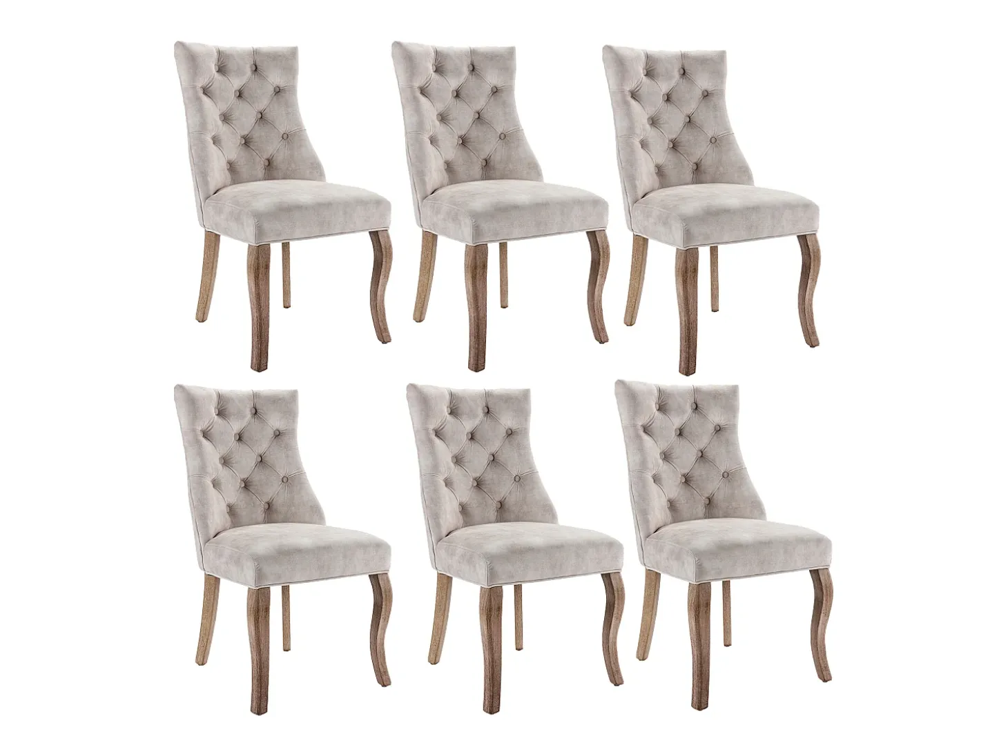 Conjunto de 6 sillas de terciopelo beige claro con patas de madera curvadas y botones decorativos.