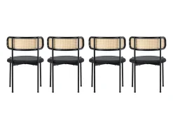 Conjunto de 4 sillas de terciopelo con respaldo de ratán y patas de metal negro - negro