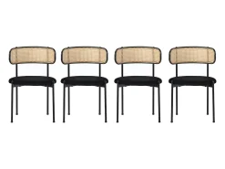 Conjunto de 4 sillas de terciopelo con respaldo de ratán y patas de metal negro - negro
