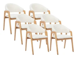 Conjunto de 6 sillas en tejido bouclé y madera de caucho - Blanco y natural - SOLUNA