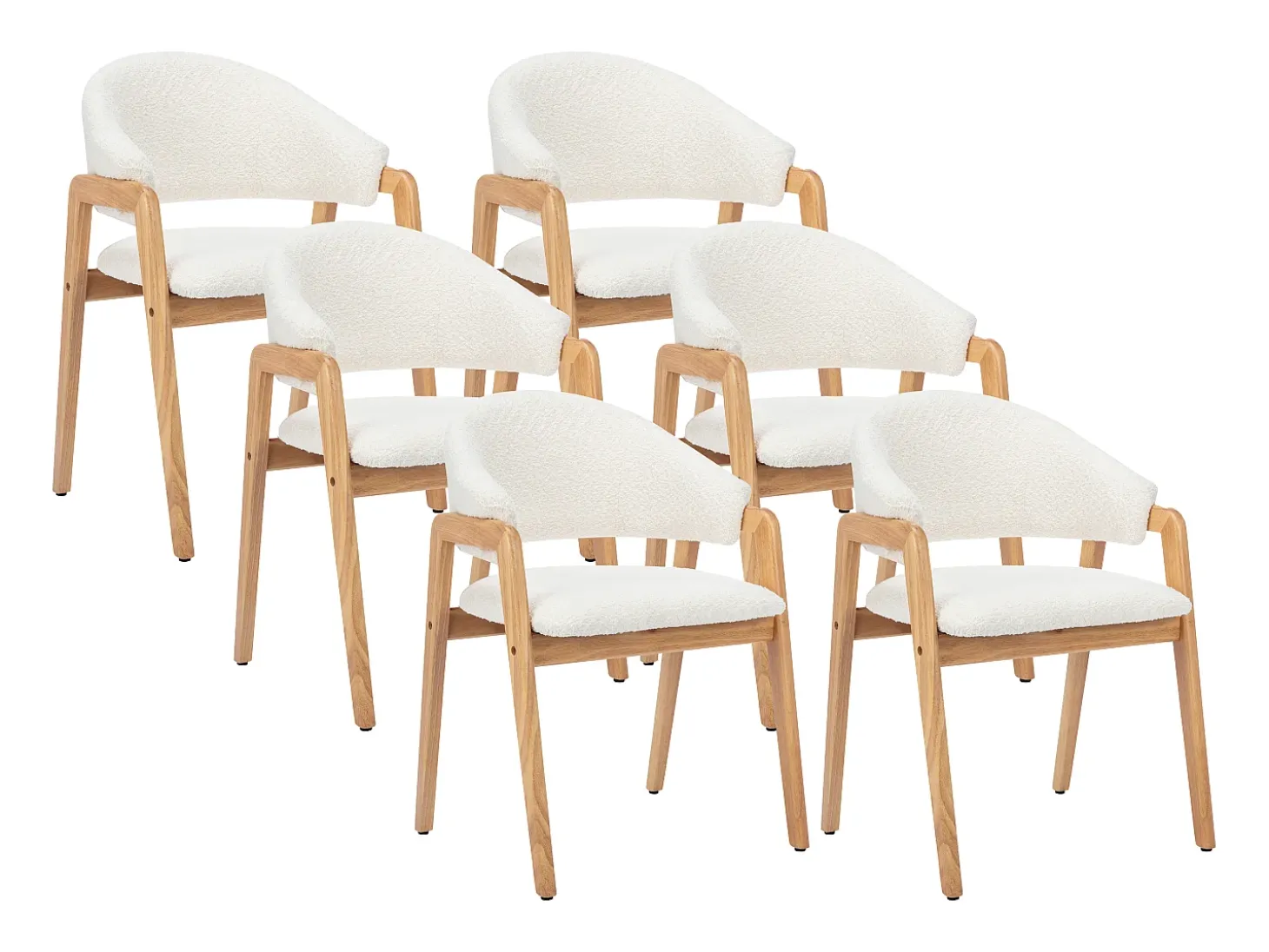 Conjunto de 6 sillas en tejido bouclé y madera de caucho - Blanco y natural - SOLUNA