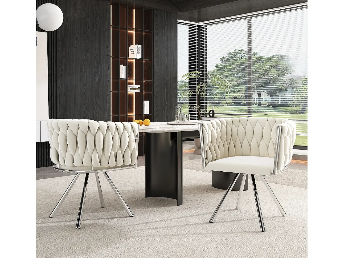 Conjunto de 2 sillas giratorias con reposabrazos en terciopelo beige y metal plateado
