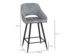 Conjunto de 2 taburetes de bar con reposapiés, tapizado de terciopelo y estructura de acero, gris (50x53x94 cm)