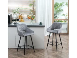 Conjunto de 2 taburetes de bar con reposapiés, tapizado de terciopelo y estructura de acero, gris (50x53x94 cm)
