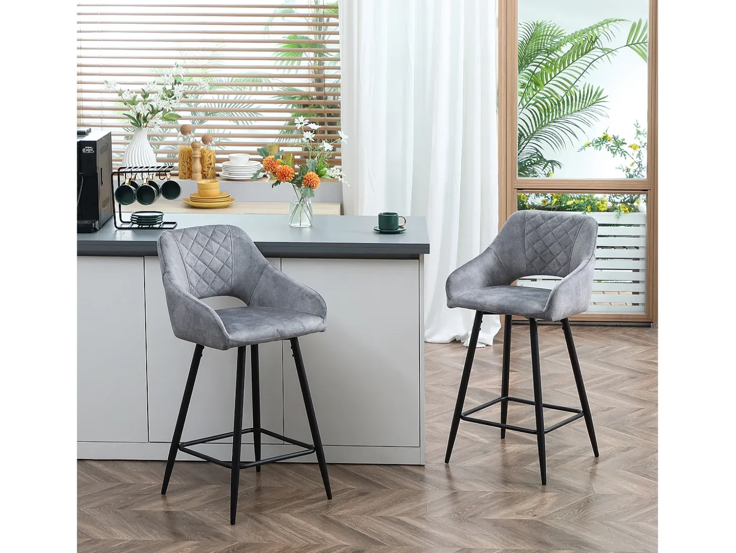 Conjunto de 2 taburetes de bar con reposapiés, tapizado de terciopelo y estructura de acero, gris (50x53x94 cm)