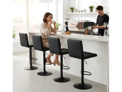 Conjunto de 4 taburetes de bar ajustables en altura con respaldo y reposapiés, cuero sintético negro moderno