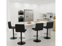 Conjunto de 4 taburetes de bar ajustables en altura con respaldo y reposapiés, cuero sintético negro moderno