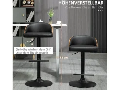 Conjunto de 2 taburetes de bar giratorios, regulables en altura, de piel sintética negra y madera, con reposapiés (48x49,5x76-96cm)