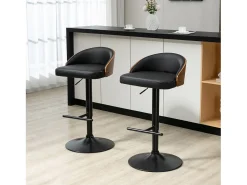 Conjunto de 2 taburetes de bar giratorios, regulables en altura, de piel sintética negra y madera, con reposapiés (48x49,5x76-96cm)