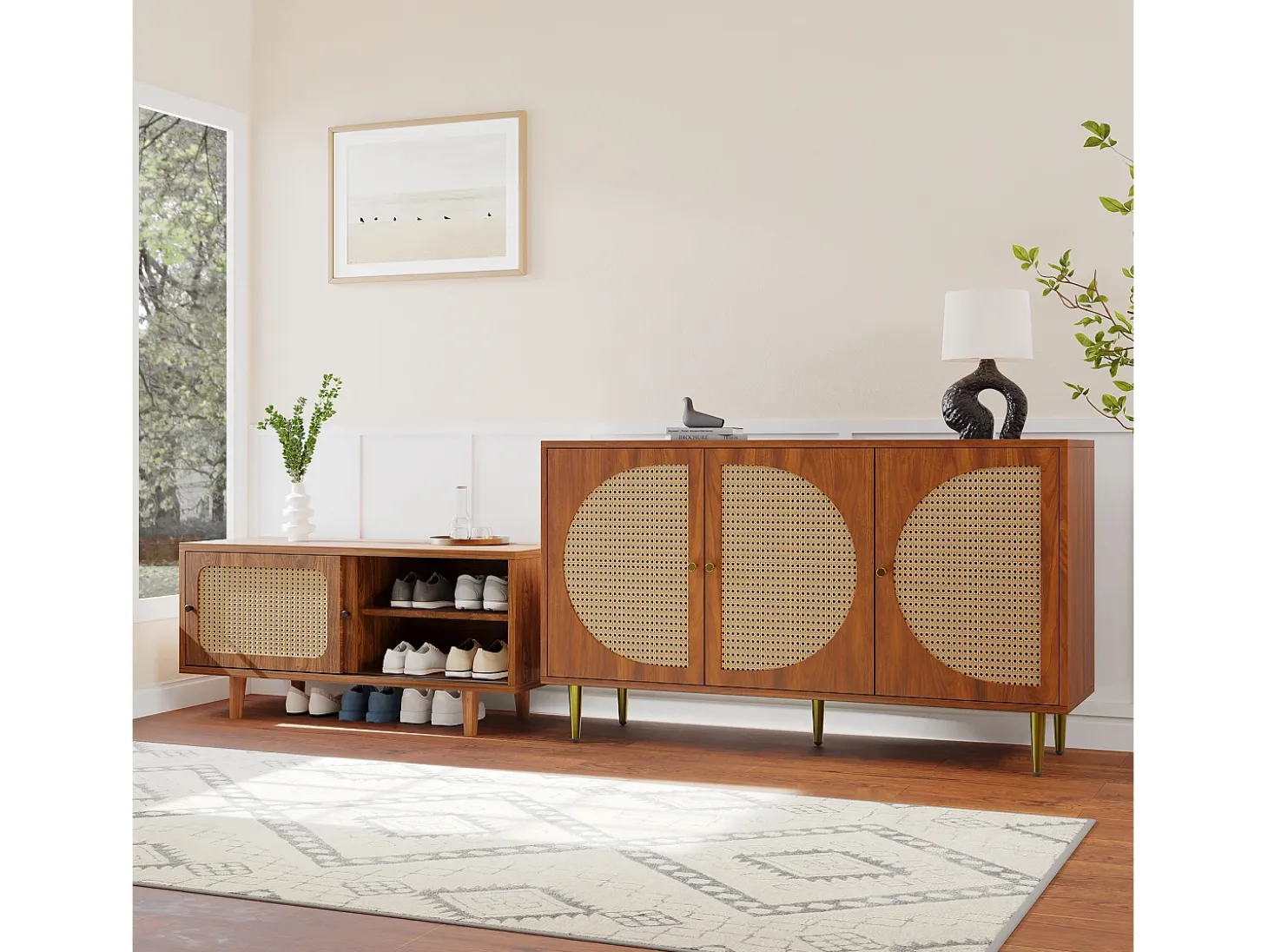 Conjunto de aparador y zapatero de ratán - Madera PB - Marrón