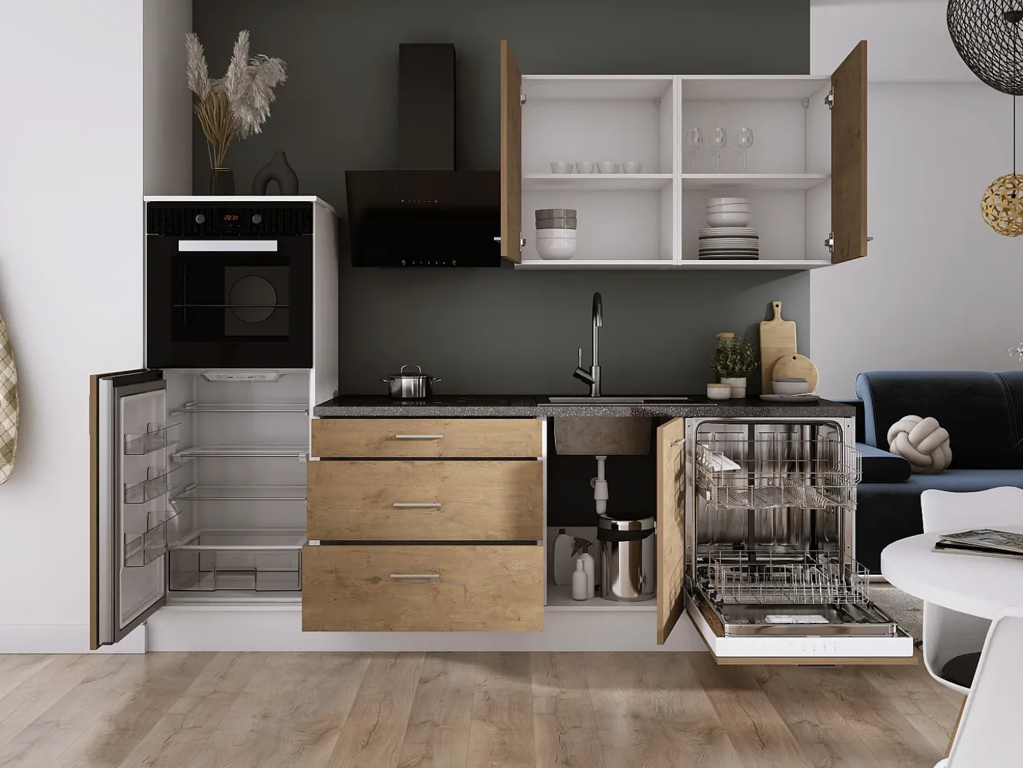 Conjunto de cocina: Blanco Mate, Roble Lancelot, dimensiones: ancho: 250 cm, alto: 220 cm, fondo: 60 cm
