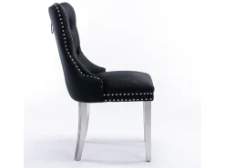 Conjunto de dos sillas de comedor de terciopelo, con patas de acero inoxidable cromado y tapizado con tachuelas, negro.