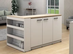 Conjunto de isla de cocina + 2 taburetes - Blanco y natural claro - NUSICE