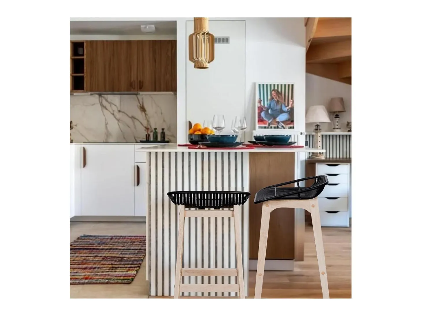 Conjunto de sillas de isla y bar MALMO de roble de 65 cm con asiento de plástico
