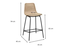 Conjunto taburetes de bar BALI de metal de 65 cm con asiento de ratán