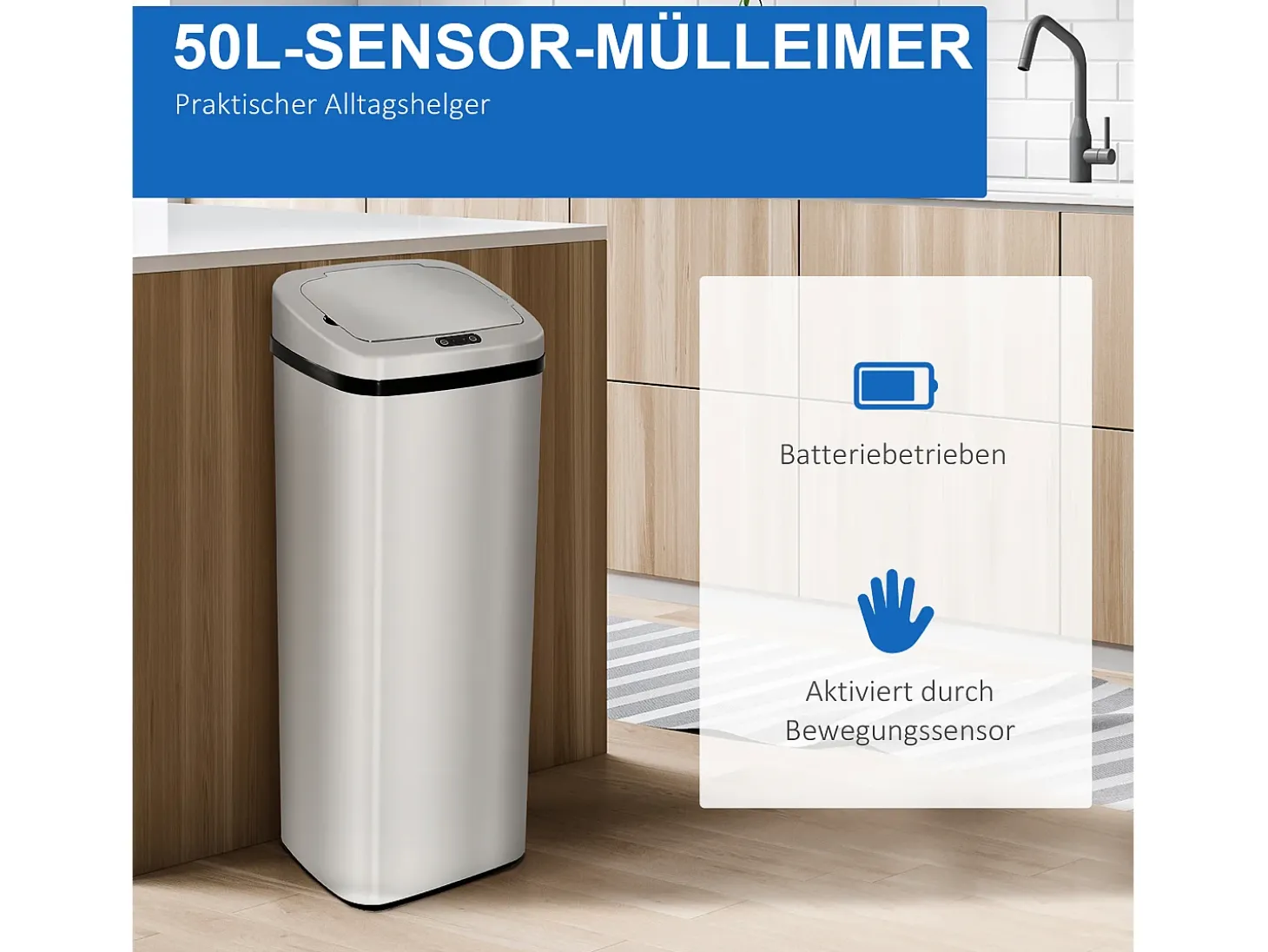 Cubo de basura automático con sensor, acero inoxidable, 50L, diseño moderno (33x25x84 cm)