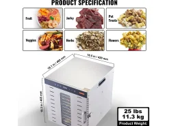 Deshidratador SucceBuy Deshidratador Alimentario con 10 Platos, Secador de Frutas Secas en Acero Inoxidable de 1000 W
