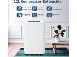 Deshumidificador 12L/día, 3 en 1, Deshumidificador, Purificador y Secador de Aire, Tanque de 1.5L, Temporizador de 24h, Pantalla LED, para 15㎡, Blanco