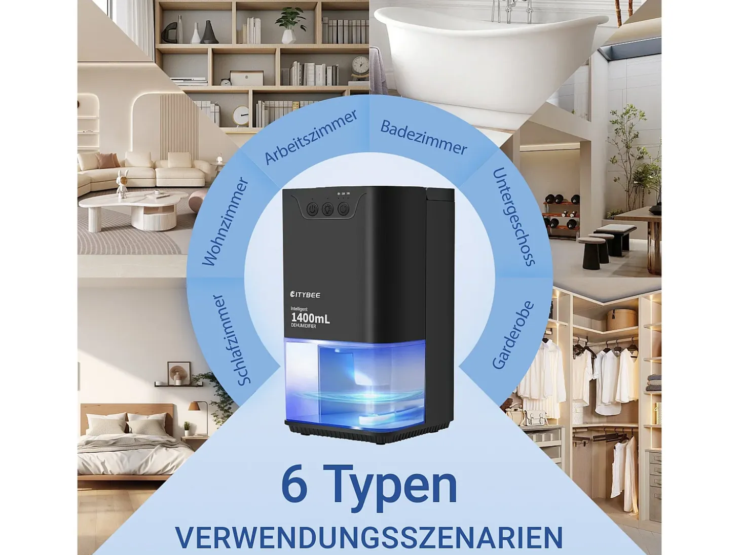 Deshumidificador NETTLIFE de 1400 ml con temporizador y temperatura ambiente (negro)
