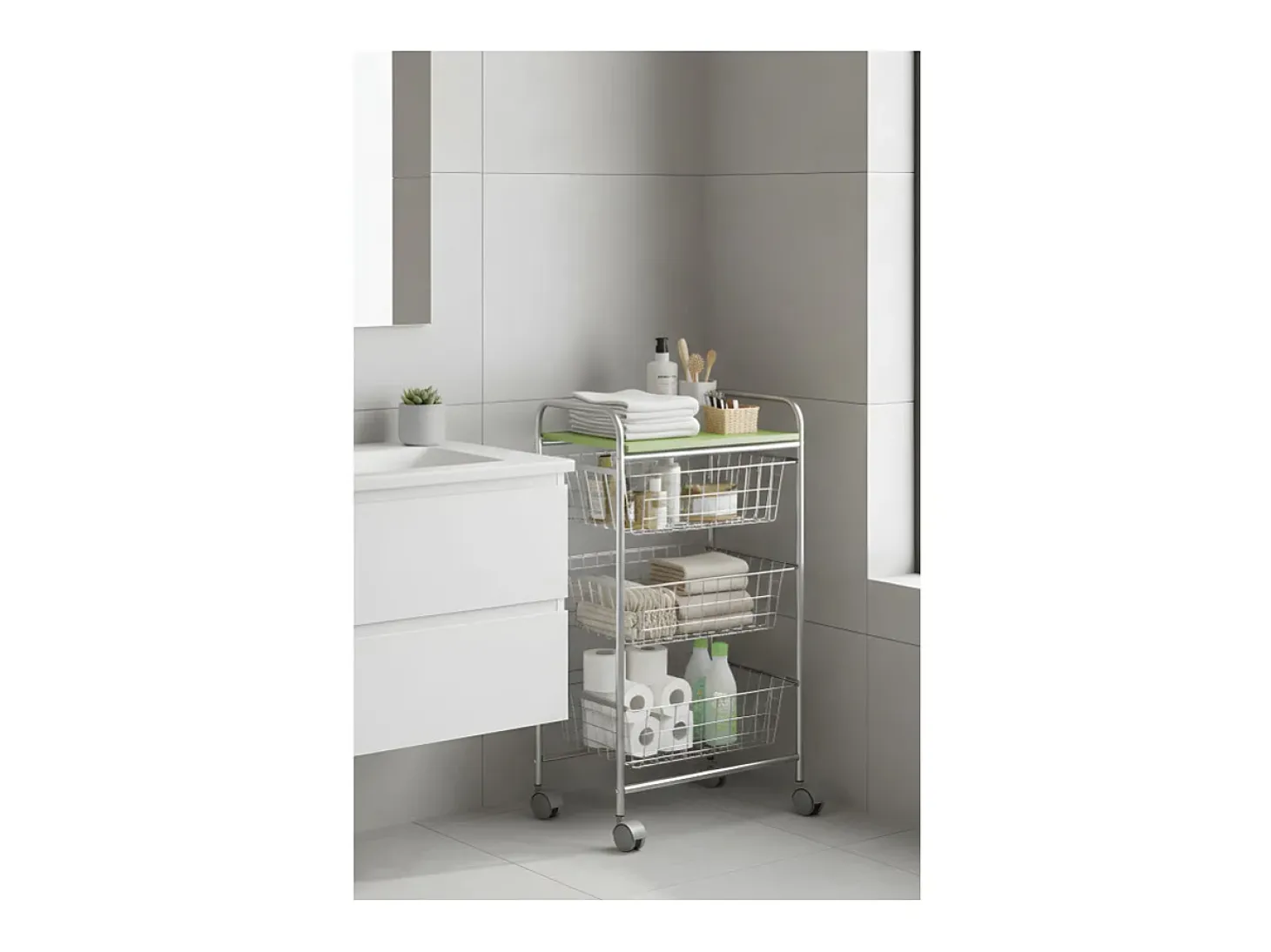 DON HIERRO - Carrito verdulero GREEN, 4 cestas de gran capacidad, Gris aluminio y Verde pistacho-