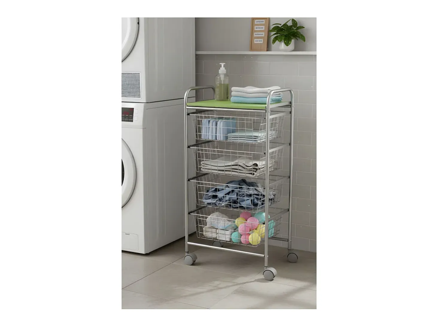 DON HIERRO - Carrito verdulero GREEN, 4 cestas de gran capacidad, Gris aluminio y Verde pistacho-