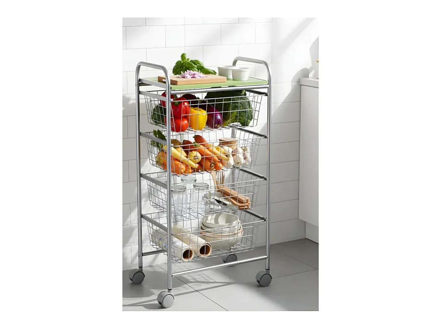 DON HIERRO - Carrito verdulero GREEN, 4 cestas de gran capacidad, Gris aluminio y Verde pistacho-