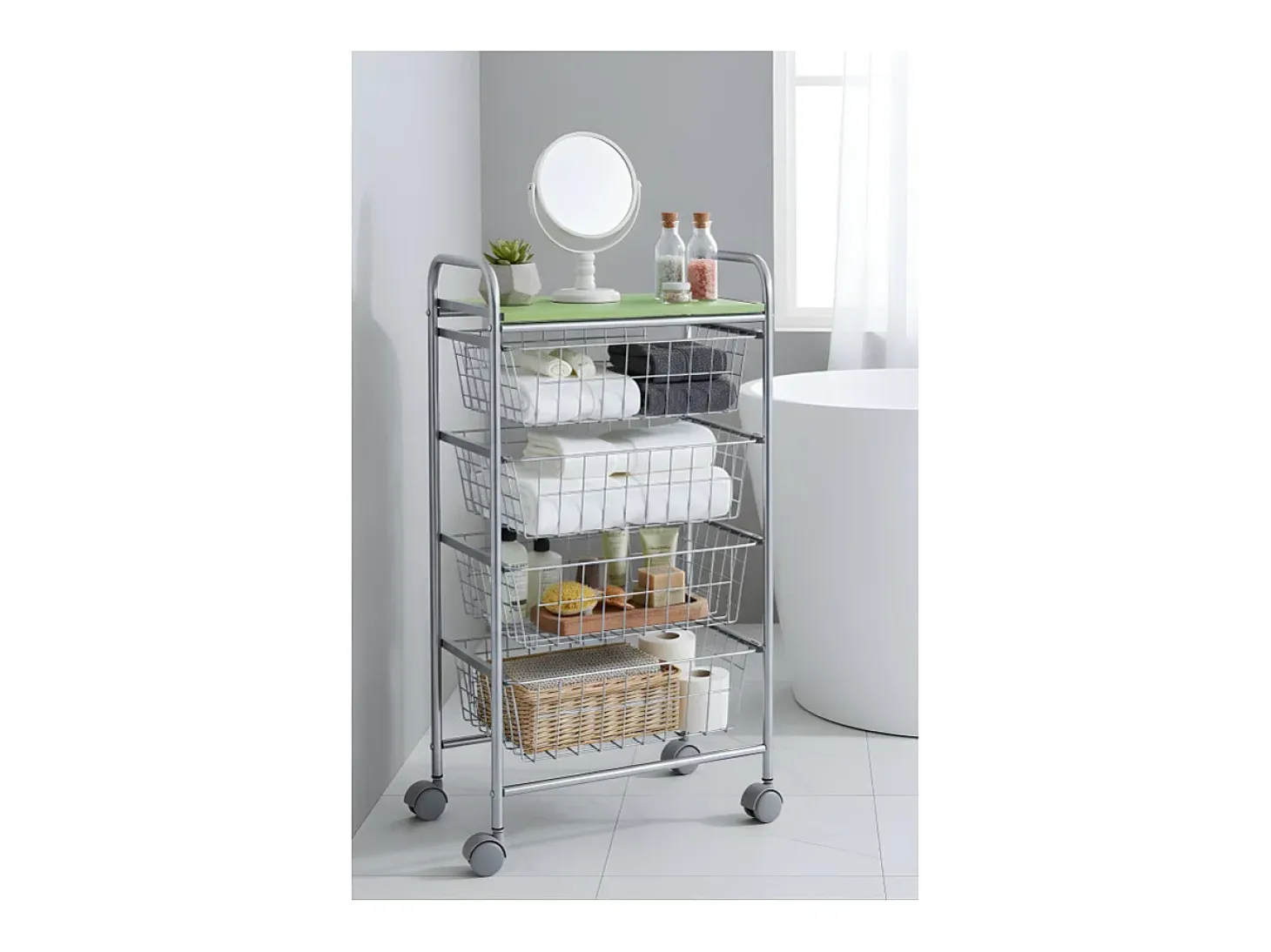 DON HIERRO - Carrito verdulero GREEN, 4 cestas de gran capacidad, Gris aluminio y Verde pistacho-