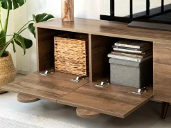 Elegante mueble de TV de nogal, 180 cm x 50 cm x 35 cm | Tablero aglomerado 100% melaminizado, 18 mm de grosor, cantos de PVC | Diseño moderno para el salón