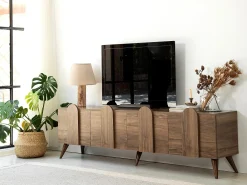 Elegante mueble de TV de nogal, 180 cm x 50 cm x 35 cm | Tablero aglomerado 100% melaminizado, 18 mm de grosor, cantos de PVC | Diseño moderno para el salón