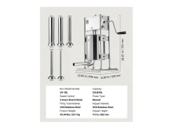 Embutidora de Salchichas SucceBuy Manual Capacidad 10 L, Máquina de Salchichas Vertical de Acero Inoxidable, Envasadora a Doble Velocidad, con 5 Tubos de Llenado
