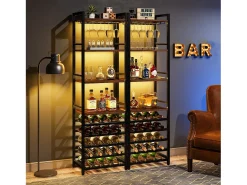 Estante de vinos autónoma de 9 niveles con soporte de vidrio y estantes de almacenamiento, Estante para botellas de vino, de color marrón rústico