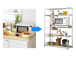 Estantería de Cocina, Estantería para Microondas, Estante Abierto de Pie 2 Mallas metálicas y múltiples Estantes 80x30x142cm, Color Blanco y Madera