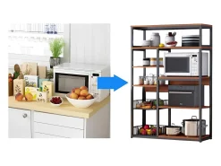 Estantería de Cocina, Estantería para Microondas, Estante Abierto de Pie 2 Mallas metálicas y múltiples Estantes 80x30x142cm, Color Blanco y Madera