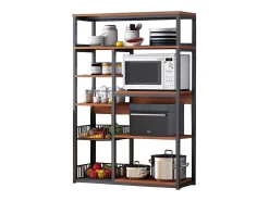 Estantería de Cocina, Estantería para Microondas, Estante Abierto de Pie 2 Mallas metálicas y múltiples Estantes 80x30x142cm, Color Blanco y Madera