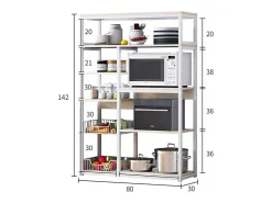 Estantería de Cocina, Estantería para Microondas, Estante Abierto de Pie 2 Mallas metálicas y múltiples Estantes 80x30x142cm, Color Blanco y Madera