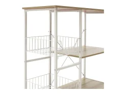 Estanteria de Cocina, Estantería para Microondas con 2 Cestas de Malla Metálica Blanca, 3 Estantes y Ganchos 80x34x75cm Color Madera y Blanco