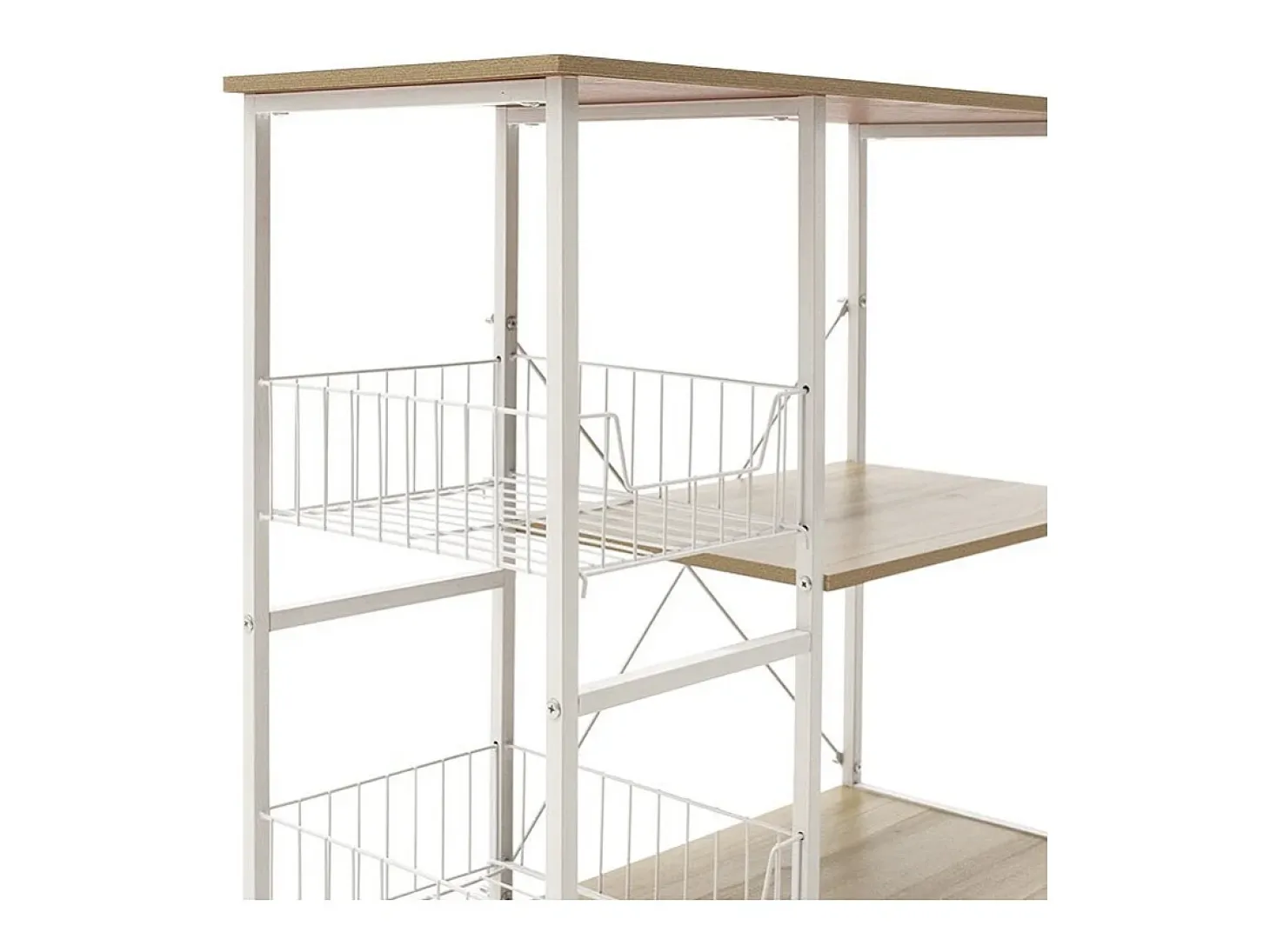 Estanteria de Cocina, Estantería para Microondas con 2 Cestas de Malla Metálica Blanca, 3 Estantes y Ganchos 80x34x75cm Color Madera y Blanco