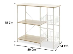 Estanteria de Cocina, Estantería para Microondas con 2 Cestas de Malla Metálica Blanca, 3 Estantes y Ganchos 80x34x75cm Color Madera y Blanco