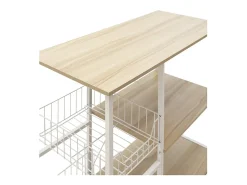 Estanteria de Cocina, Estantería para Microondas con 2 Cestas de Malla Metálica Blanca, 3 Estantes y Ganchos 80x34x75cm Color Madera y Blanco