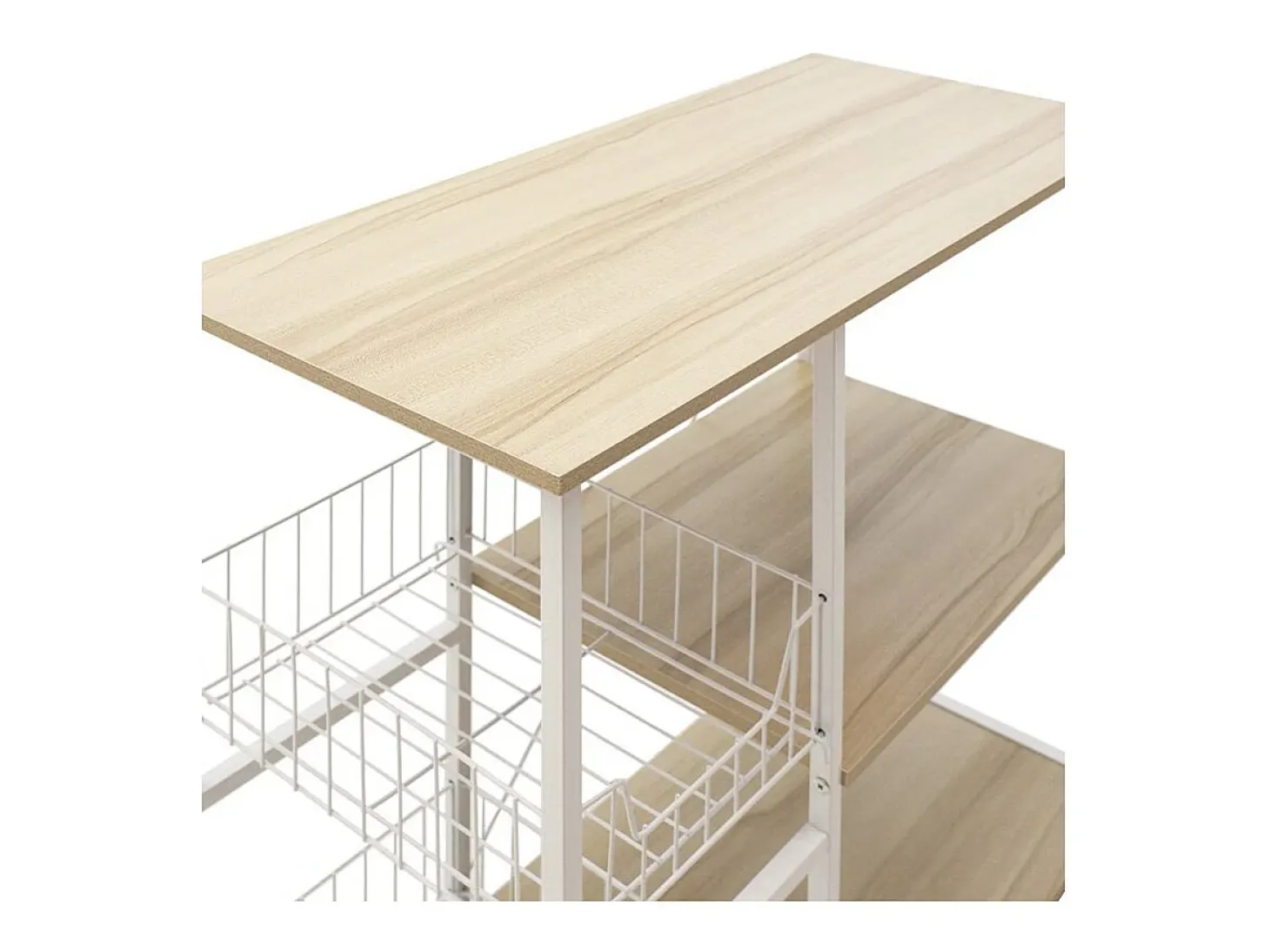 Estanteria de Cocina, Estantería para Microondas con 2 Cestas de Malla Metálica Blanca, 3 Estantes y Ganchos 80x34x75cm Color Madera y Blanco