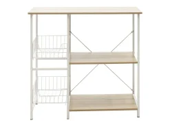 Estanteria de Cocina, Estantería para Microondas con 2 Cestas de Malla Metálica Blanca, 3 Estantes y Ganchos 80x34x75cm Color Madera y Blanco