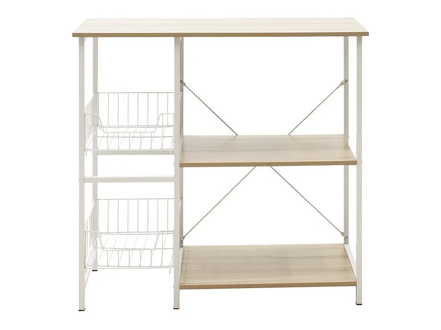 Estanteria de Cocina, Estantería para Microondas con 2 Cestas de Malla Metálica Blanca, 3 Estantes y Ganchos 80x34x75cm Color Madera y Blanco