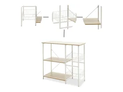 Estanteria de Cocina, Estantería para Microondas con 2 Cestas de Malla Metálica Blanca, 3 Estantes y Ganchos 80x34x75cm Color Madera y Blanco