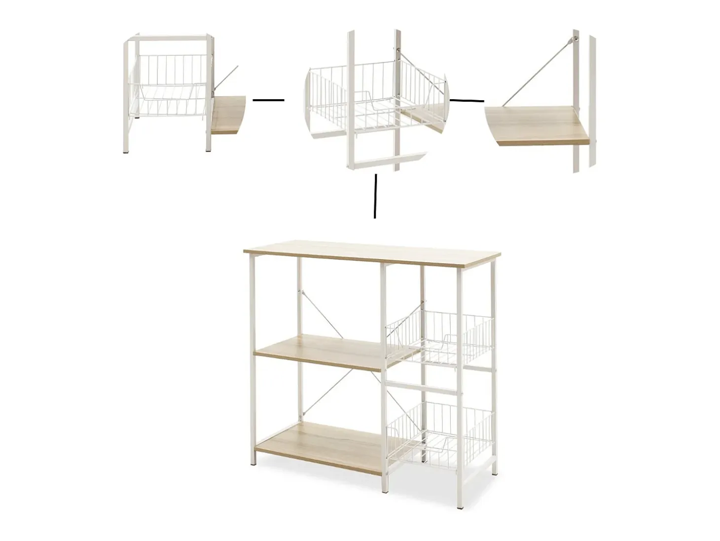 Estanteria de Cocina, Estantería para Microondas con 2 Cestas de Malla Metálica Blanca, 3 Estantes y Ganchos 80x34x75cm Color Madera y Blanco