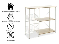 Estanteria de Cocina, Estantería para Microondas con 2 Cestas de Malla Metálica Blanca, 3 Estantes y Ganchos 80x34x75cm Color Madera y Blanco