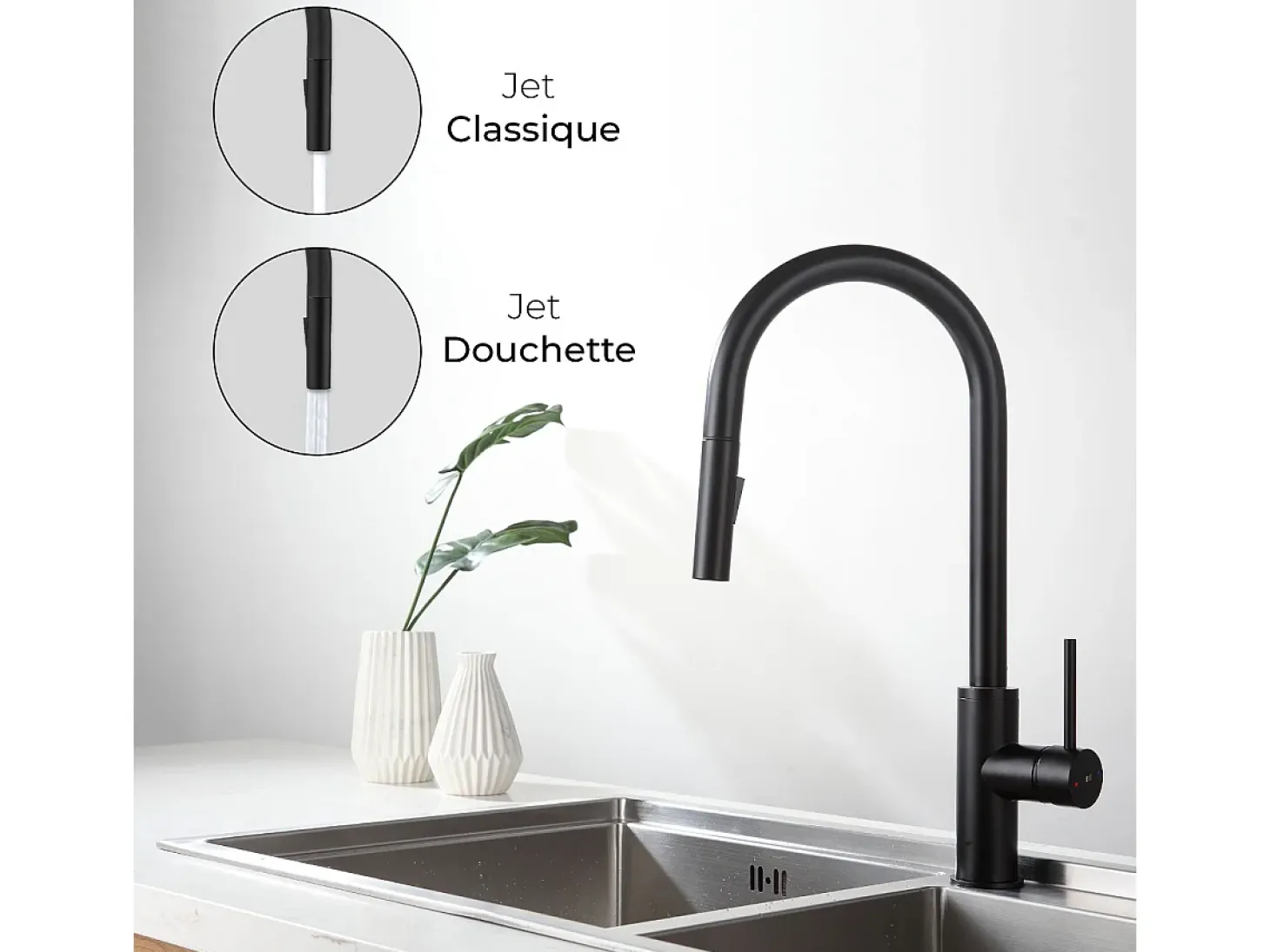 Foga Mezclador de fregadero con teleducha extraíble en negro mate Essebagno