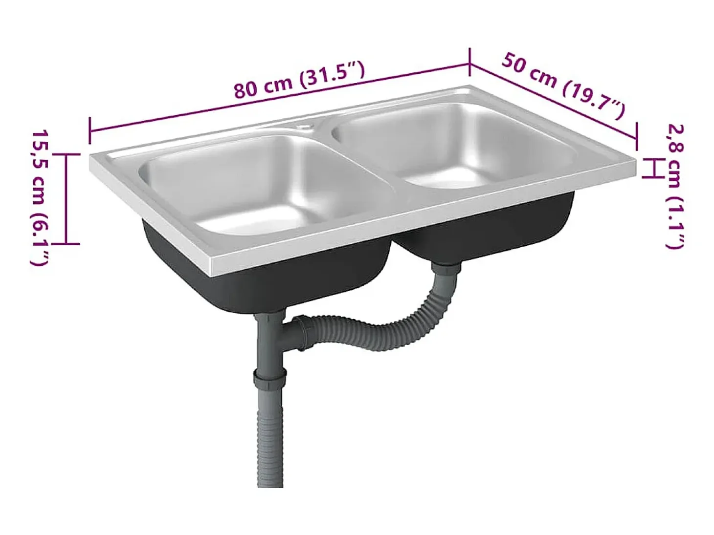 Fregadero de cocina de doble seno plateado de acero inoxidable de 800x500x155 mm.