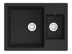 Fregadero de cocina de granito negro y dos lavabos con orificio de desbordamiento