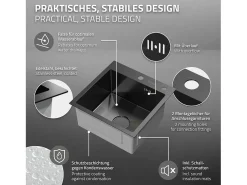 Fregadero de cocina de un seno 45x45 cm lavabo antracita con desagüe/dosificador